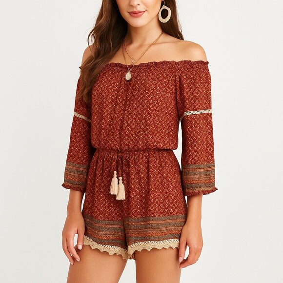 Boho Crochet Trim Off Shoulder Romper Rust Red‎ Womens Size M Festival En Crème - Picture 1 of 12